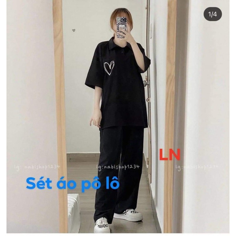 Sét áo polo tim lồng+quần ống rộng dài LN12