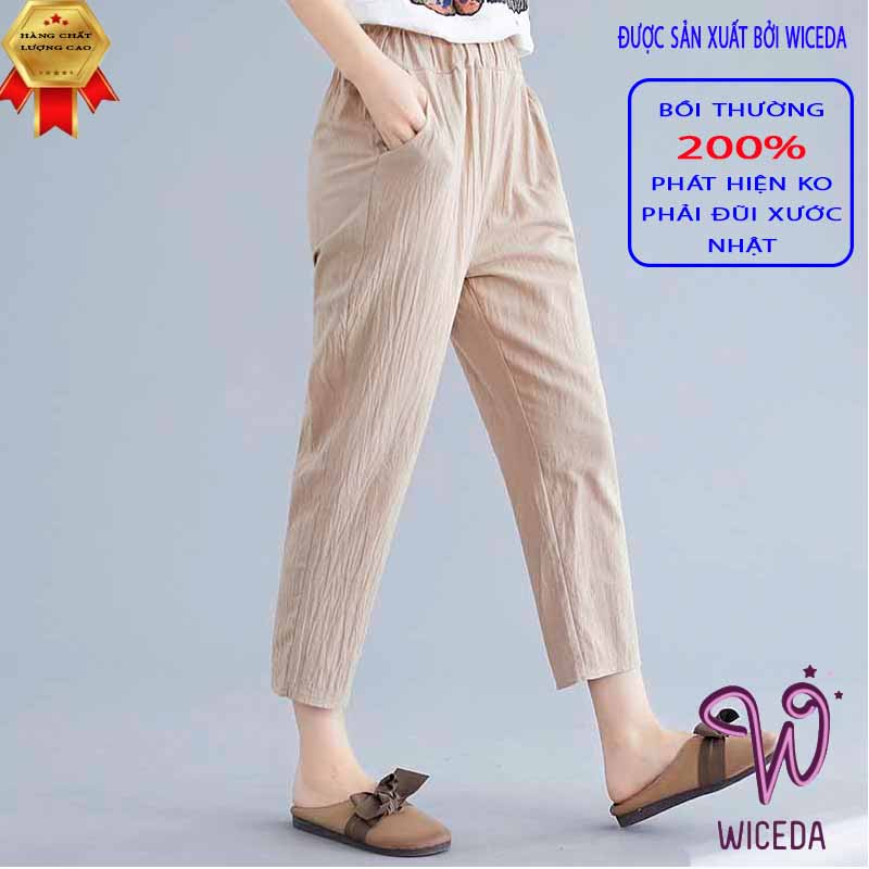 Quần baggy đũi cạp chun nhẹ mát WICEDA,quần đũi nữ dài chất đũi xước nhật 100% màu đen,be QD430