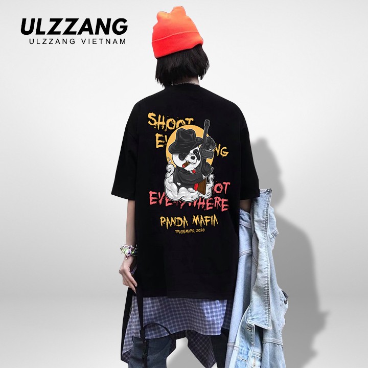 Áo thun tay lỡ ULZZANG cotton dáng unisex, áo form rộng in hình panda mafia
