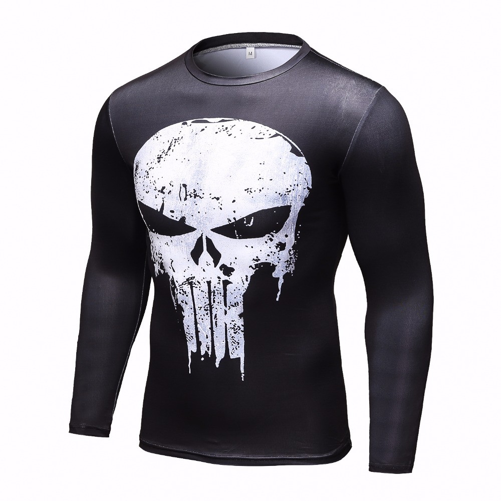 Áo thun HUQISHA tay dài ôm dáng in hình Punisher Skull 3D thời trang mùa hè