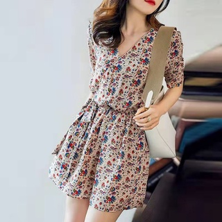 Jumpsuit vải voan tay ngắn quần short ống rộng cổ chữ v in họa tiết hoa phong cách bohemian thời trang mùa hè cho nữ