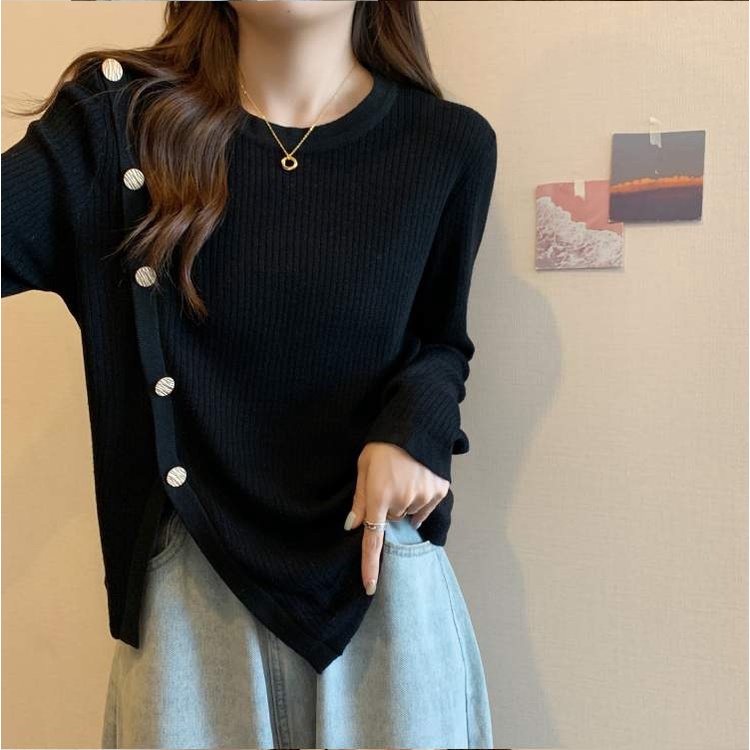 Áo nữ dệt kim ZHELIHANGFEI tay dài dáng rộng tà xẻ độc đáo dễ phối đồ