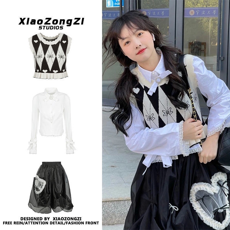 Three-piece suit/one-piece western style sweet rhombic knitted vest bow shirt skirt spring and autumn suit women's vqqh