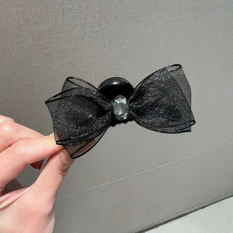 Kẹp Tóc Nơ Kim Loại Hai Mặt Đính Đá Lấp Lánh Màu Đen Phong Cách vintage Hàn Quốc Cho Nữ