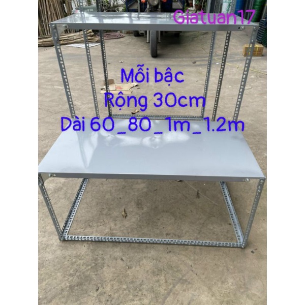 Kệ mâm sắt V lỗ 2 bậc thang (R30cm,Dài 60_80_1m_1.2m) trụ bằng V3x3cm và V4x4cm