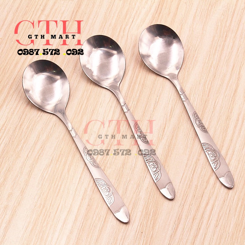 Thìa ,Dĩa Ăn Cơm, pha cafe Bằng Inox  Cán Dài in hình hoa-GTH Mart