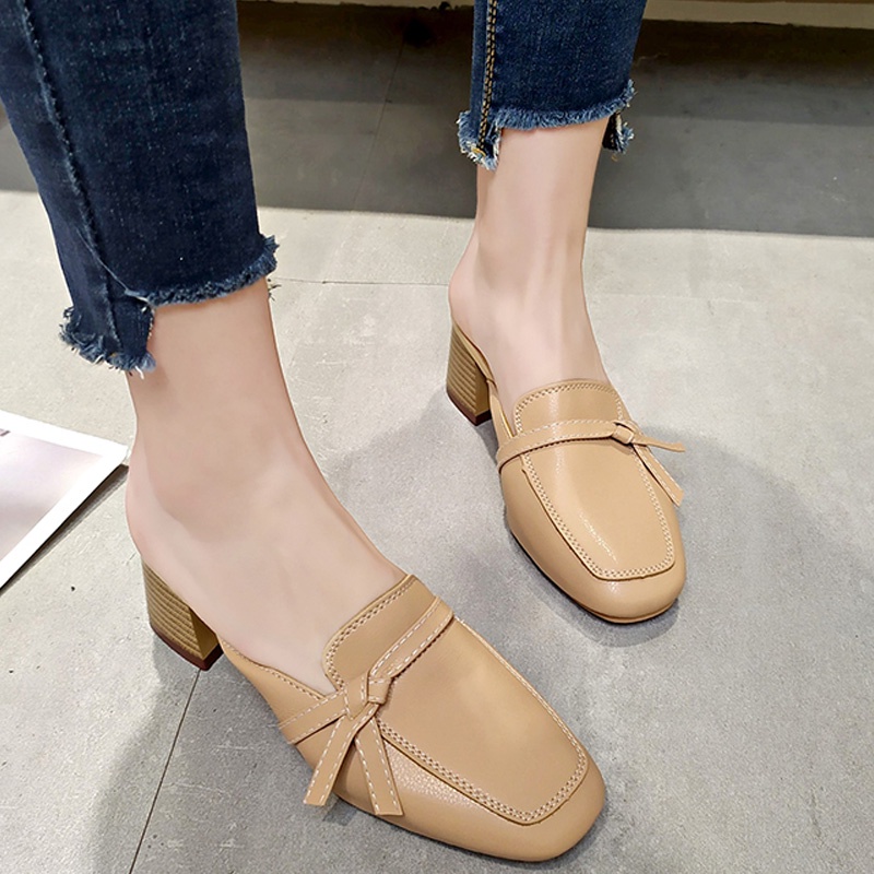 ◕Fashion thick heel 2021 summer new semi-support single shoes women s mid-heel British style Baotou semi-slipper sandals outer wear Harajuku