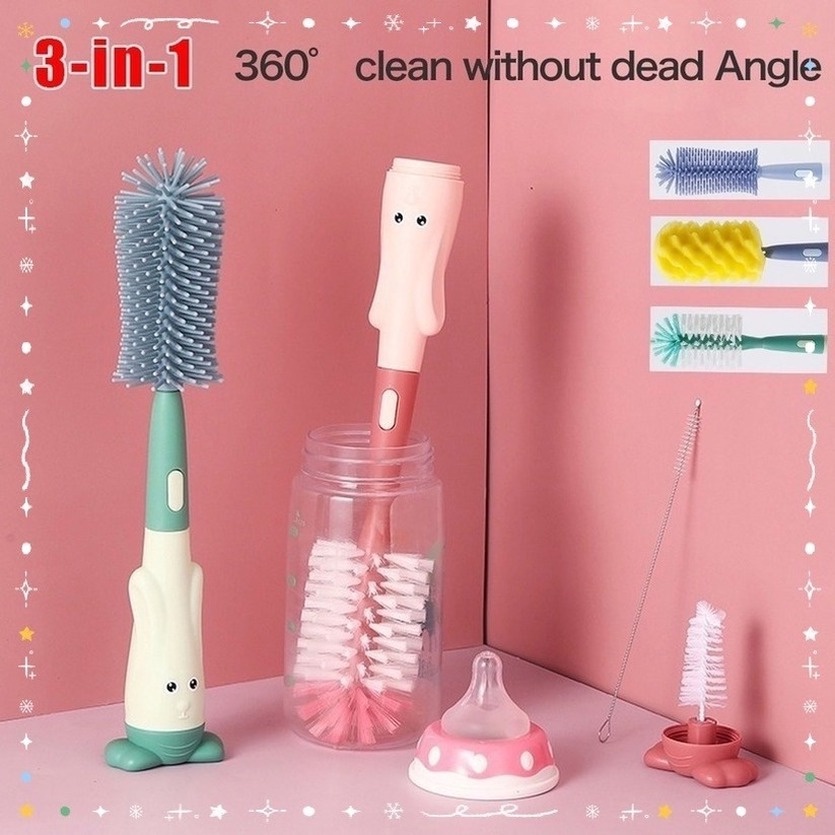 Bộ 3 Cọ Rửa Bình Sữa Bằng Silicon Mềm Xoay 360 Độ Tiện Dụng° Bàn Chải Vệ Sinh Bình Sữa Em Bé Có Tay Cầm Xoay Tiện Dụng