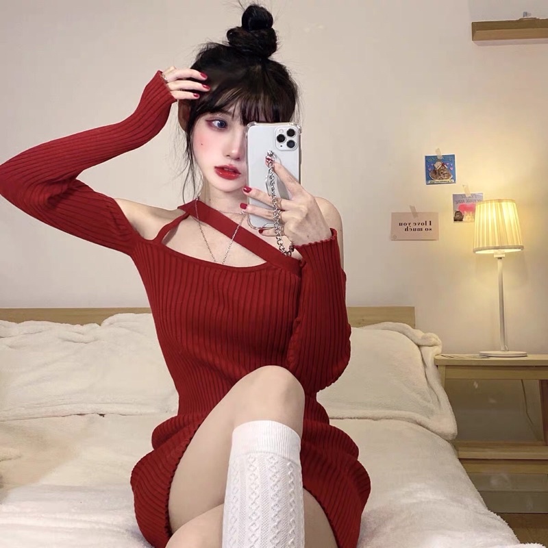 Đầm len nữ đỏ sexy lệch vai, bó sát hotgirl 2 màu đen, đỏ đi chơi lễ, Tết, Giáng Sinh