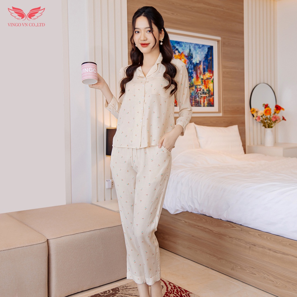 Đồ bộ nữ mặc nhà pyjama VINGO tay dài quần dài chất liệu Tơ Đũi mềm mại hoạ tiết hoa màu hồng thu đông H604 VNGO - TDQD | WebRaoVat - webraovat.net.vn