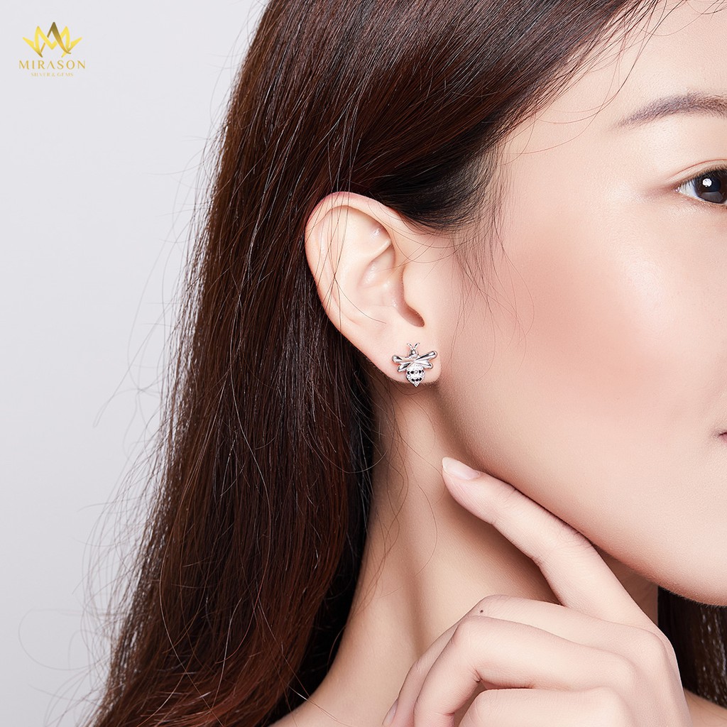 Khuyên Tai Bạc Nữ MIRASON Con Ong Đính Đá Đen Trắng Sang Trọng MBT080 - Hoa Tai Nữ Bạc 925 Cao Cấp