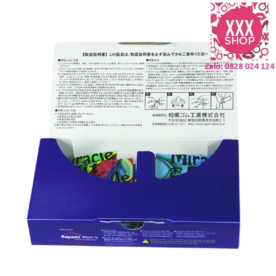 Bao cao suFreeshipSagami Miracle Fit size nhỏ 49mm, gân răng cưa, hình dáng 3D dương vật - Hộp 10 cái