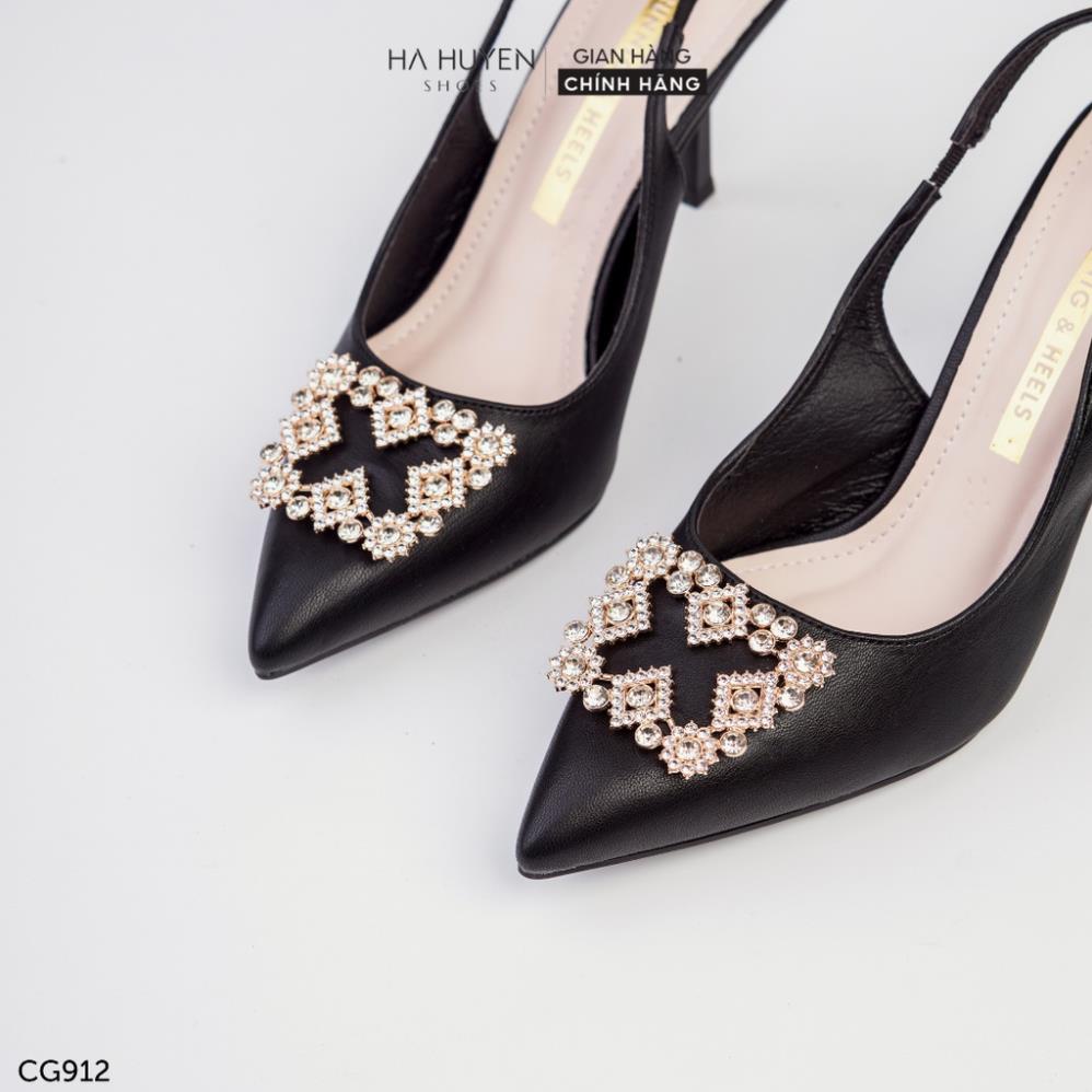 Giày cao gót mũi nhọn Hà Huyền Shoes gót nhọn 8 phân da lì đính đá sang trọng - CG912 {