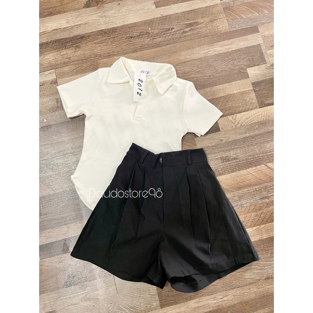 Bộ đồ nữ len tăm Body quần giả váy kaki xếp ly co giãn Áo Polo nữ len tăm quần giả váy xếp li