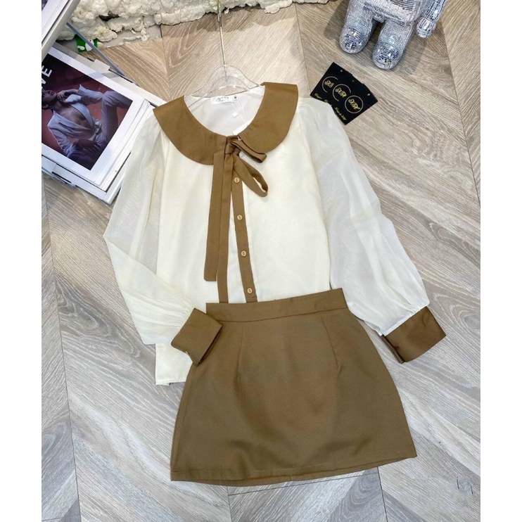 Set áo sơ mi cổ thắt nơ mix chân váy chữ A hàng quảng châu siêu đẹp,điệu đà