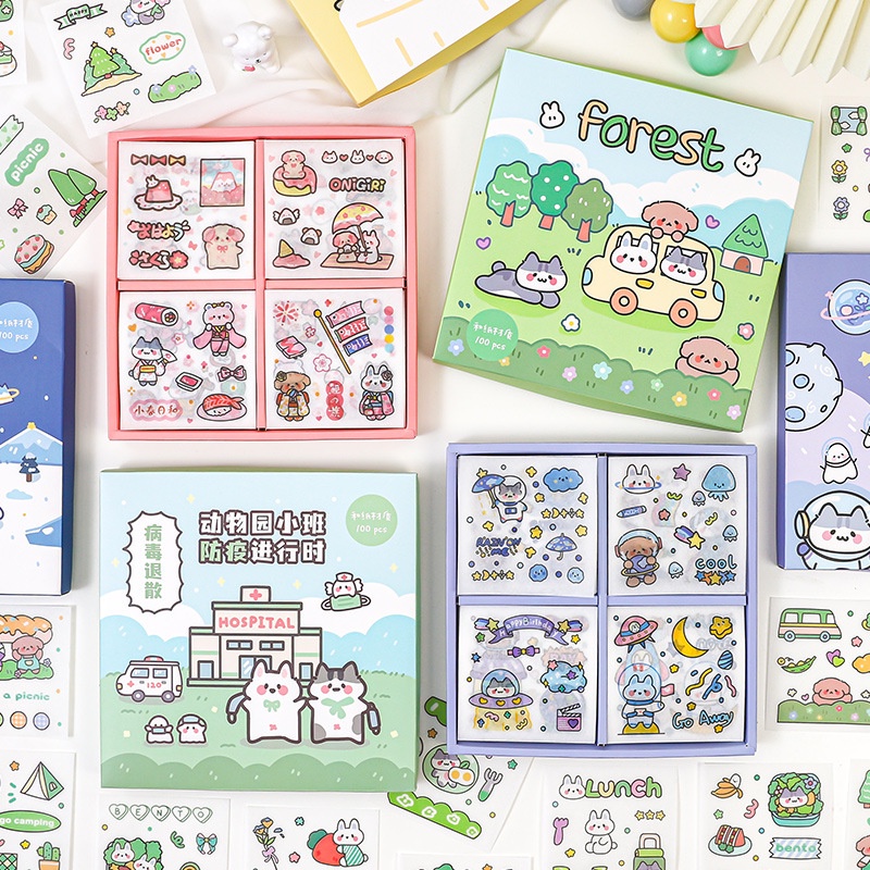 Set 100 tấm sticker họa tiết hoạt hình nhiều màu