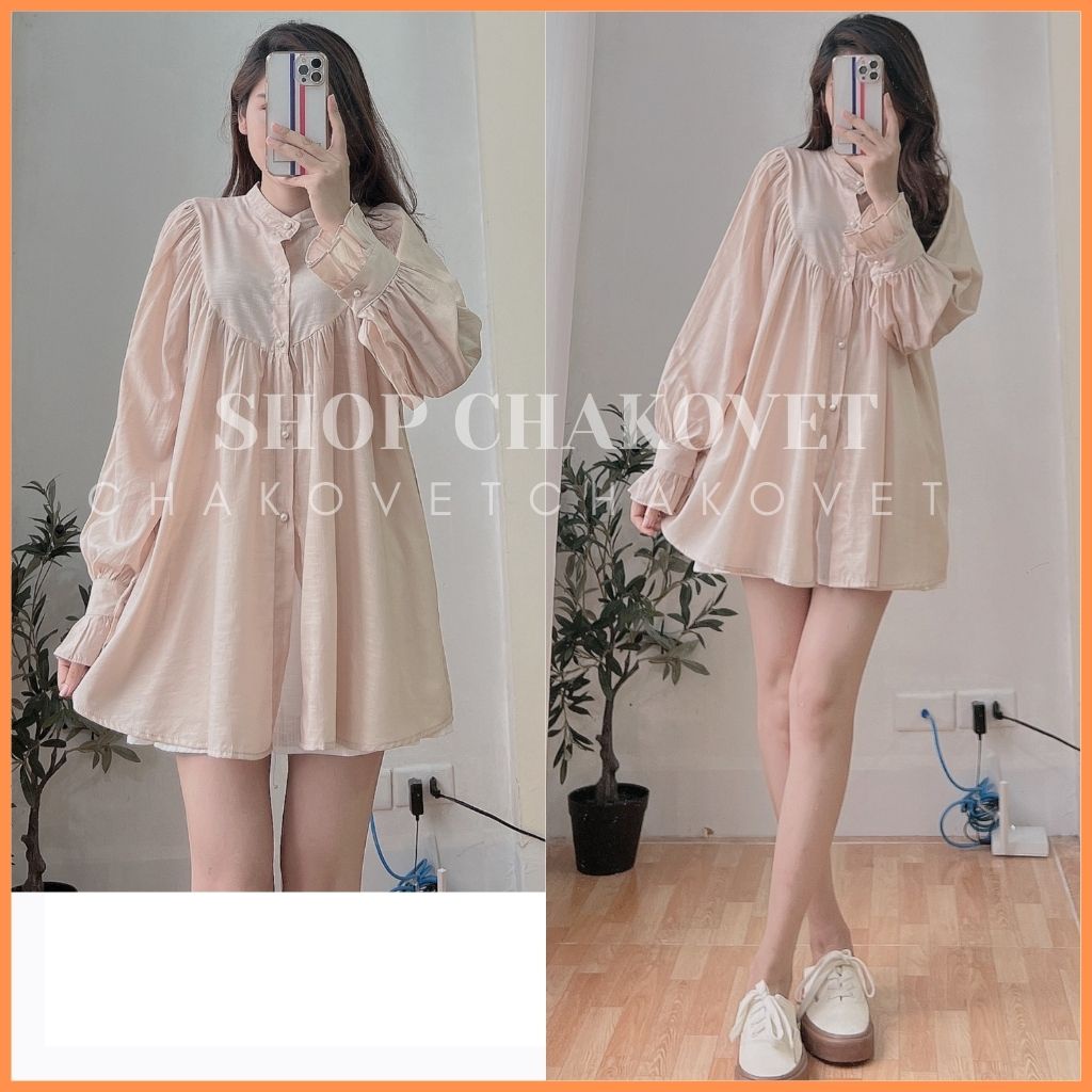 Áo sơ mi nữ dài tay oversize A8206 Thiết kế kiểu cổ tròn tay phồng dáng babydoll | BigBuy360 - bigbuy360.vn