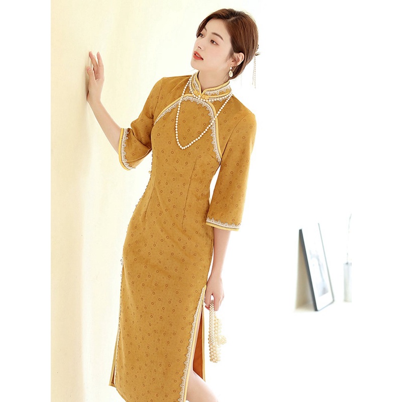 Đầm Sườn Xám Da Lộn Tay Dài Dáng Ôm Phong Cách Trung Hoa Truyền Thống Qipao S To XXL 2023