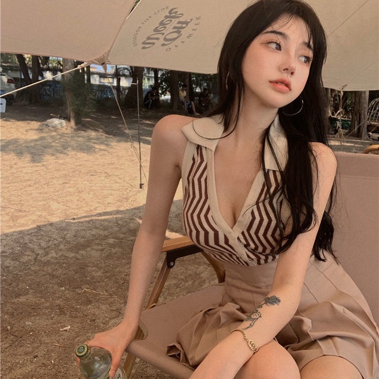 European and American sling vest women's dress in summer hot girls with a short back with a knitted top inside and outside