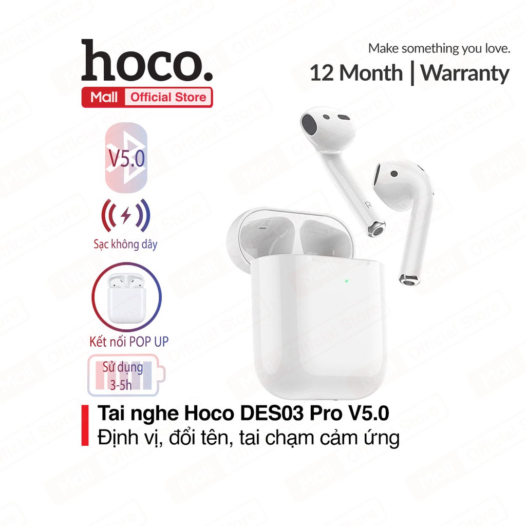 Tai nghe bluetooth V5.0 Hoco DES03 Pro sử dụng 3-5h, định vị, đổi tên, kết nối POP UP, chạm cảm ứng
