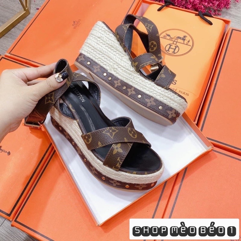 Sandal lv quai chéo đế xuồng cói fullbox