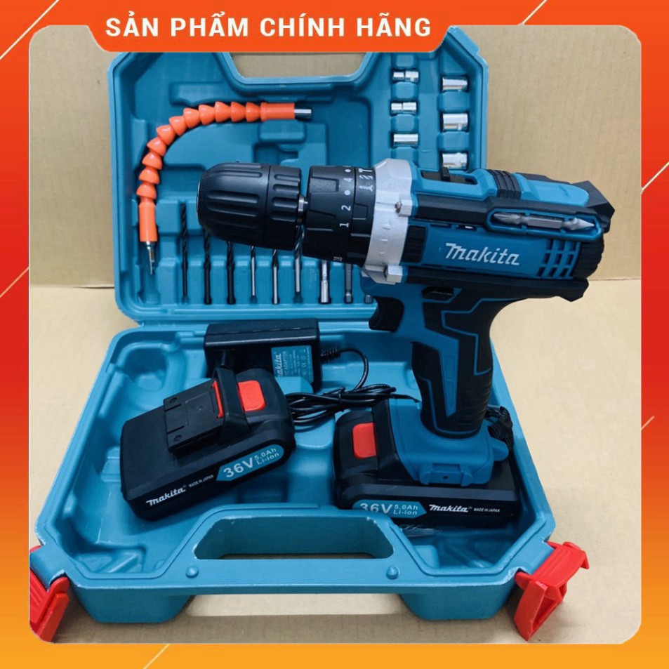 . Máy khoan pin 36V Makita 3 chức năng có búa - Tặng kèm 24 chi tiết gồm các mũi khoan + Mũi bắt vít