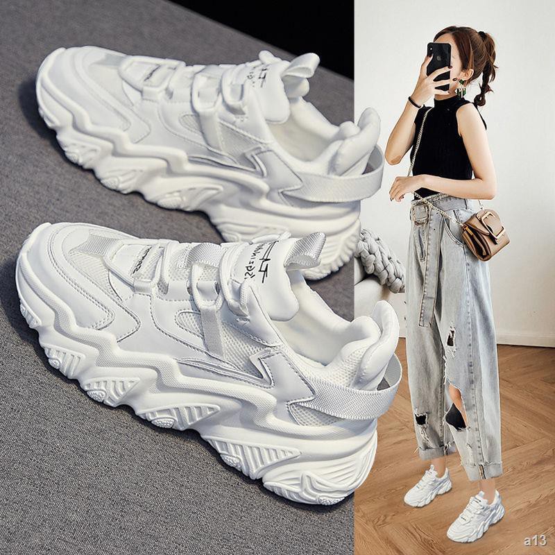 ❄♞◙Giày bố nữ 2021 mới xuân hè lưới màu đỏ hot kiểu sinh viên giày tất nữ phối lưới bề mặt giày thể thao trắng