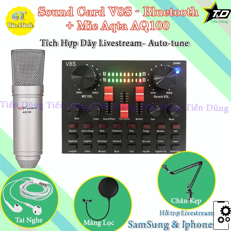 Combo Mic Livestream Karaoke Aqta AQ100 và Sound Card V8S có Bluetooth Auto-tune đi Kèm Chân Kẹp Màng Lọc Tai Nghe
