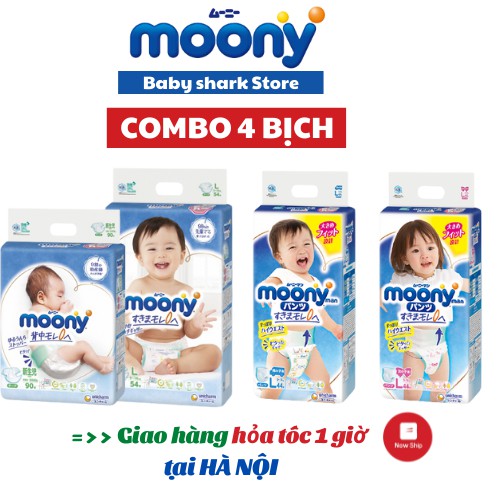 Tã/bỉm quần dán Moony Xanh Cộng Miếng Size NB82/S76/M58/L58/M58/L50/XL44/XXL30