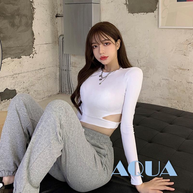 Áo Croptop Tay Dài Cổ Tròn Màu Trơn Thời Trang Xuân Hè Dành Cho Nữ