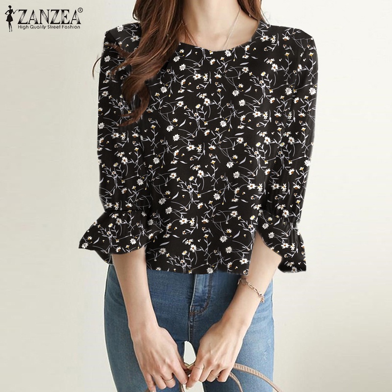 Áo kiểu ZANZEA cổ tròn tay lỡ 3/4 in họa tiết hoa thanh lịch thời trang dành cho nữ