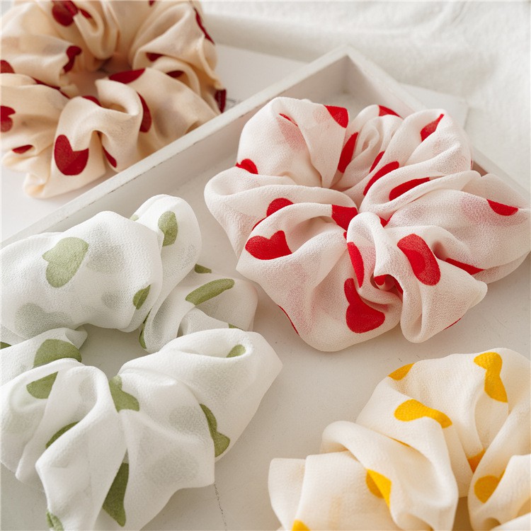 SCRUNCHIES CỘT TÓC, DÂY BUỘC TÓC VẢI VOAN MỎNG HỌA TIẾT TRÁI TIM SIÊU CUTE