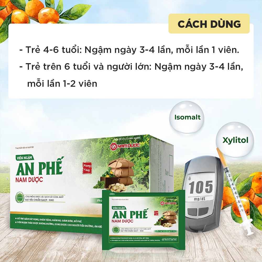 Viên ngậm An Phế Nam Dược (hộp 20 vỉ x 5 viên) kẹo ngậm giảm rát họng, khản tiếng, giảm ho, giảm đờm, bổ phế