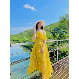 (Bán chạy) MOON  BOHO - MAXI VÀNG TRỄ VAI BÈO DẬP LY (CHẤT TƠ CAO CẤP)
