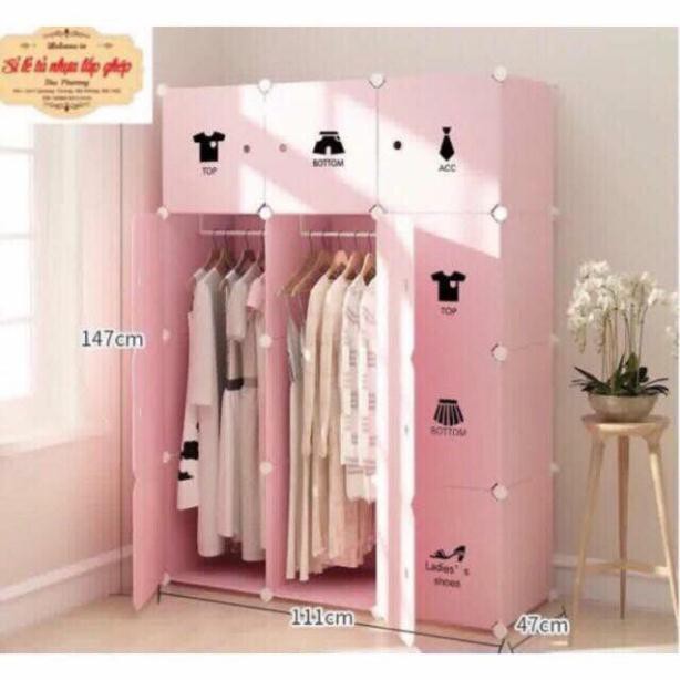 FREESHIP 99K TOÀN QUỐC_Tủ nhựa quần áo lắp ghép 12 ô sâu 47cm( thân đen cửa đen vân sang chảnh). Tặng 2 móc treo đồ.