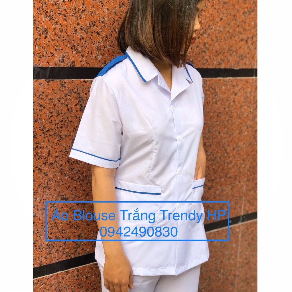 Áo blouse trắng thực tập điều dưỡng, y tá nam nữ cộc tay có cầu vai