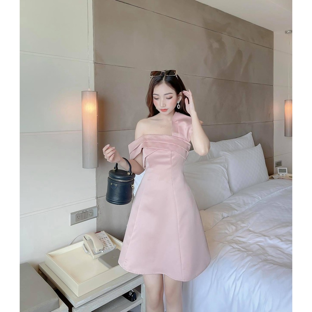 [HÀNG THIẾT KẾ CAO CẤP] Đầm Xòe Lệch Vai Đi Tiệc Sang Trọng Màu Hồng | BigBuy360 - bigbuy360.vn