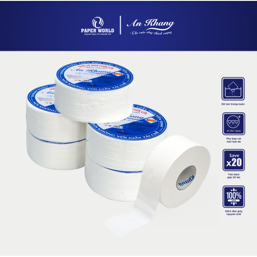 [COMBO AKC600] Giấy vệ sinh cuộn lớn AN KHANG, 100% bột giấy nguyên sinh, dùng trong nhà vệ sinh, toilet, hai lớp 600gr