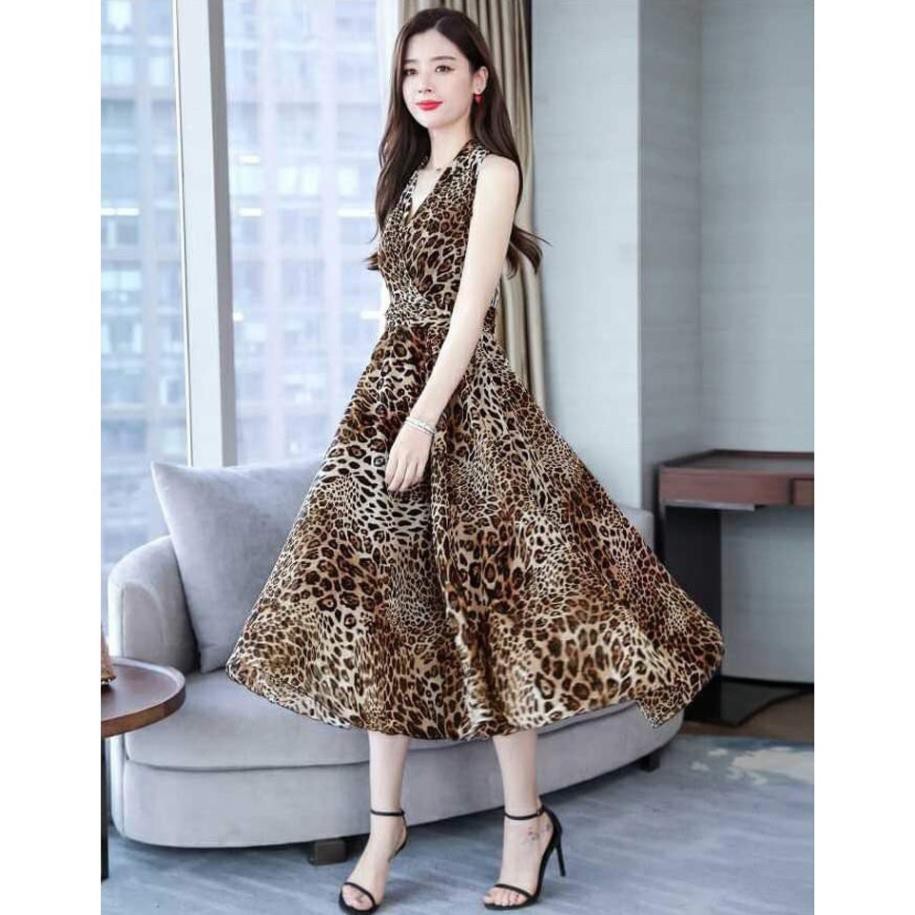 Đầm Xoè Da Báo Cổ Dắp Chéo - Váy Maxi Đi Biển, Đi Dạo Voan Lụa Nhập 2 Lớp Cho Nàng Yêu Kiều Quảng Châu | BigBuy360 - bigbuy360.vn