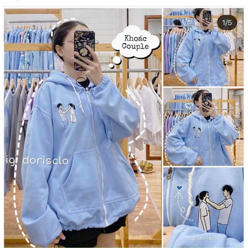 Áo khoác hoodie xanh dây kéo tay phồng thêu hình couple nam nữ