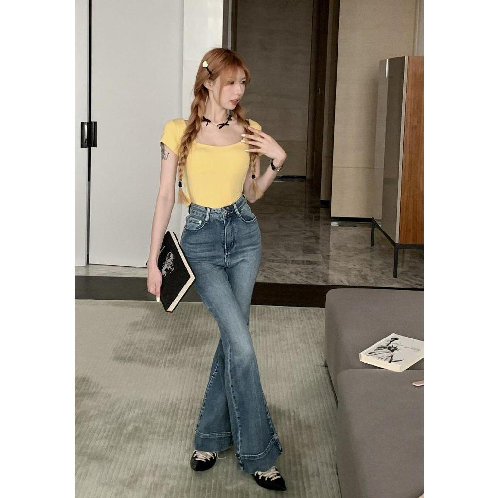 63104 Quần Denim Ống Loe Micro-Flared Co Giãn Cổ Điển