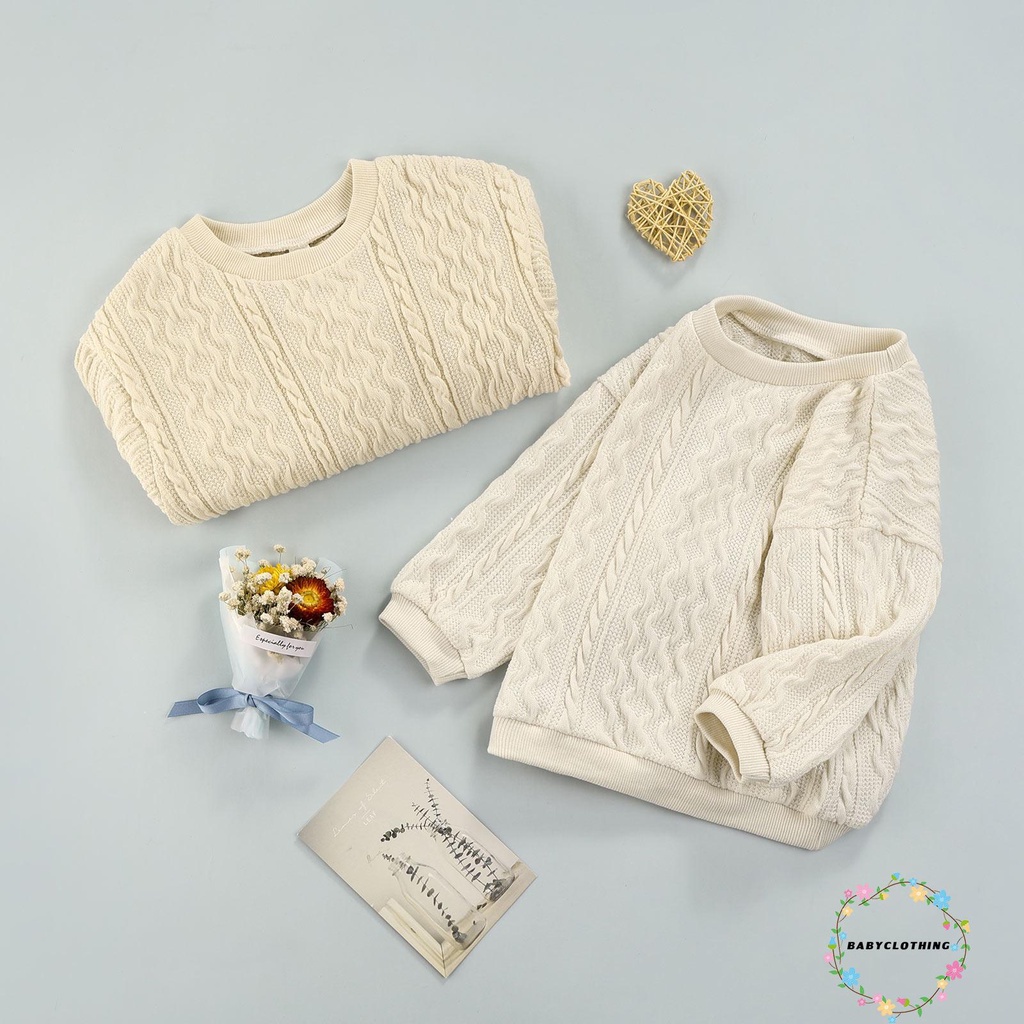 OFF WHITE Áo sweater tay dài cổ tròn dáng rộng màu trơn thời trang cho bé