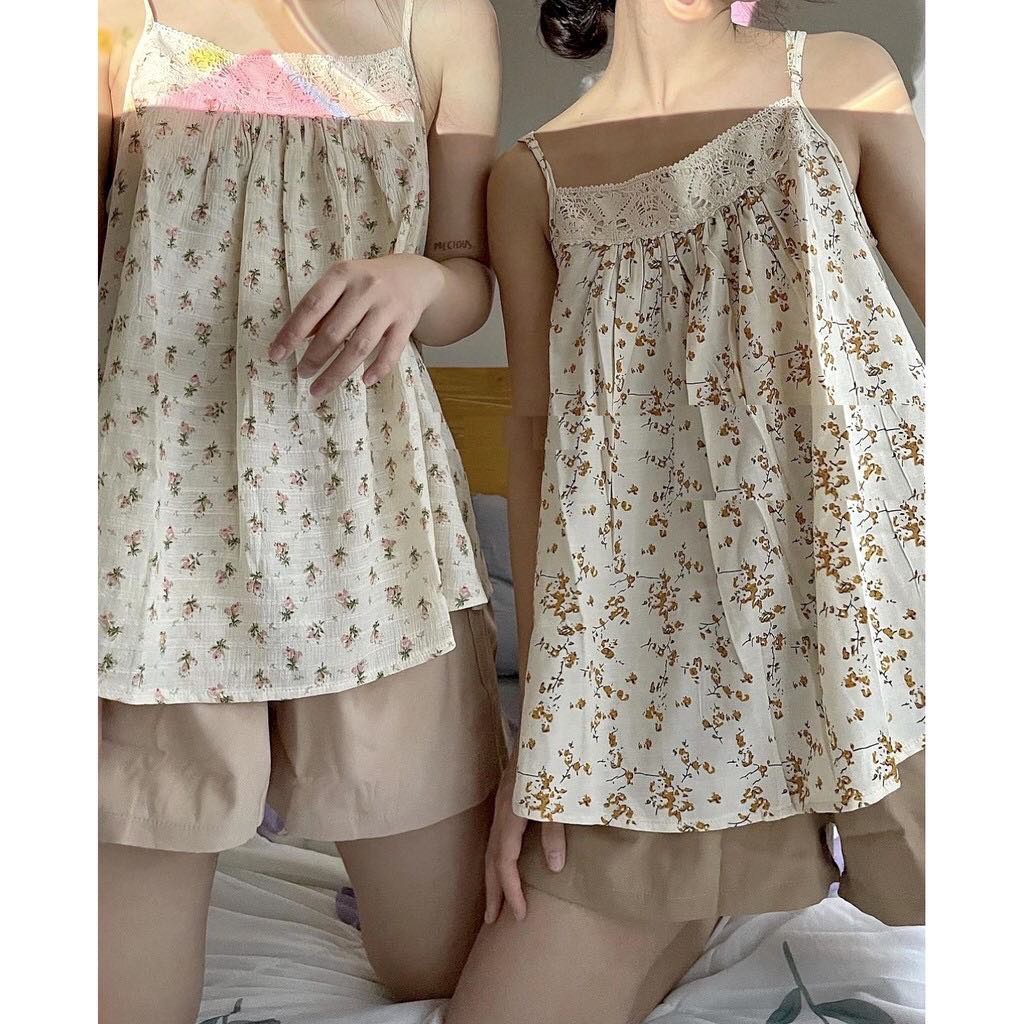 Set 2 Dây Ren Hoa Nhí Hồng Nữ [FS]  Bộ quần đùi đũi áo babydoll thun vintage bánh bèo mặc ở nhà đi ngủ Ulzzang