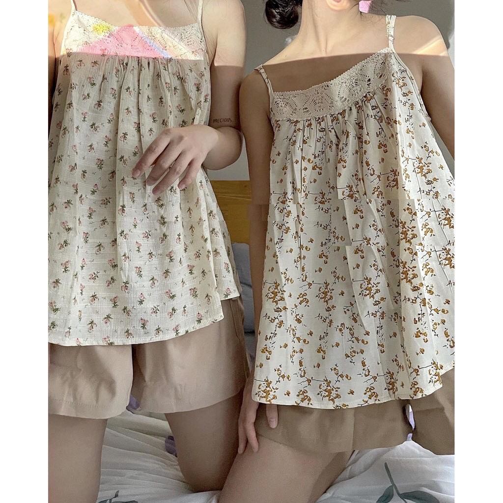 Set 2 Dây Ren Hoa Nhí Hồng Nữ [FS] 🌸 Bộ quần đùi đũi áo babydoll thun vintage bánh bèo mặc ở nhà đi ngủ Ulzzang