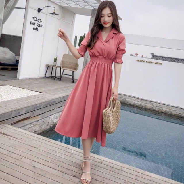 Đầm váy freesize hồng ruốc thun eo