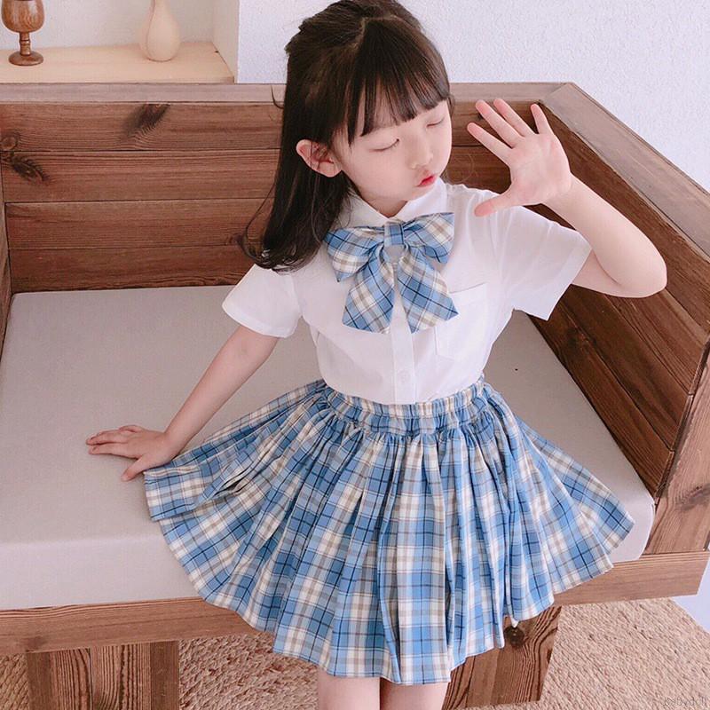Set đồ 2 món áo sơ mi trắng ngắn tay + chân váy xếp ly cho bé gái