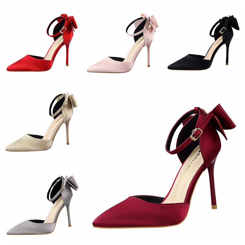 Giày cao gót BIGTREE 5196-1 10cm mũi nhọn chất liệu satin đính nơ thời trang đám cưới