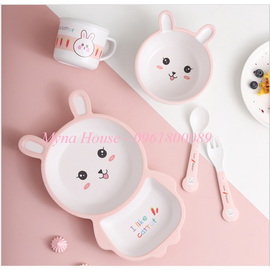 Set 5 món Khay, Bát, Cốc, Thìa, Dĩa ăn dặm hữu cơ tự nhiên Bamboo Fiber