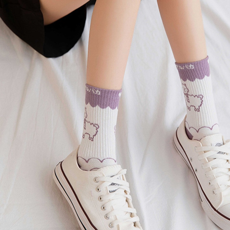 Vớ Cotton Họa Tiết Sọc Tím / Trắng In Hình Chú Cừu Hoạt Hình Dễ Thương Cho Nữ