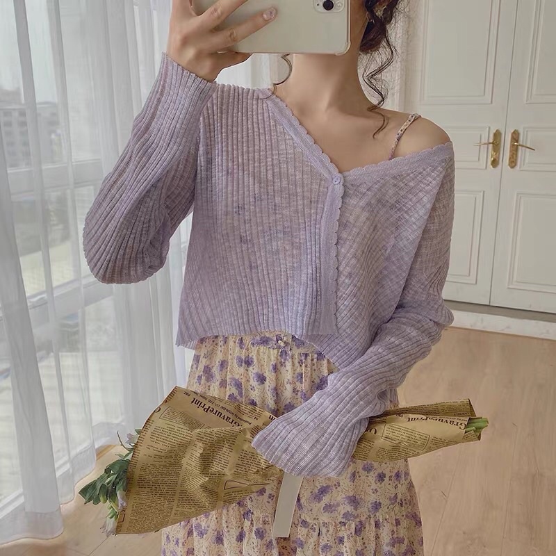 Áo Khoác Len Cardigan Mỏng Pastel, Bắp Tay To Mặc Loại Dày Mới Xinh